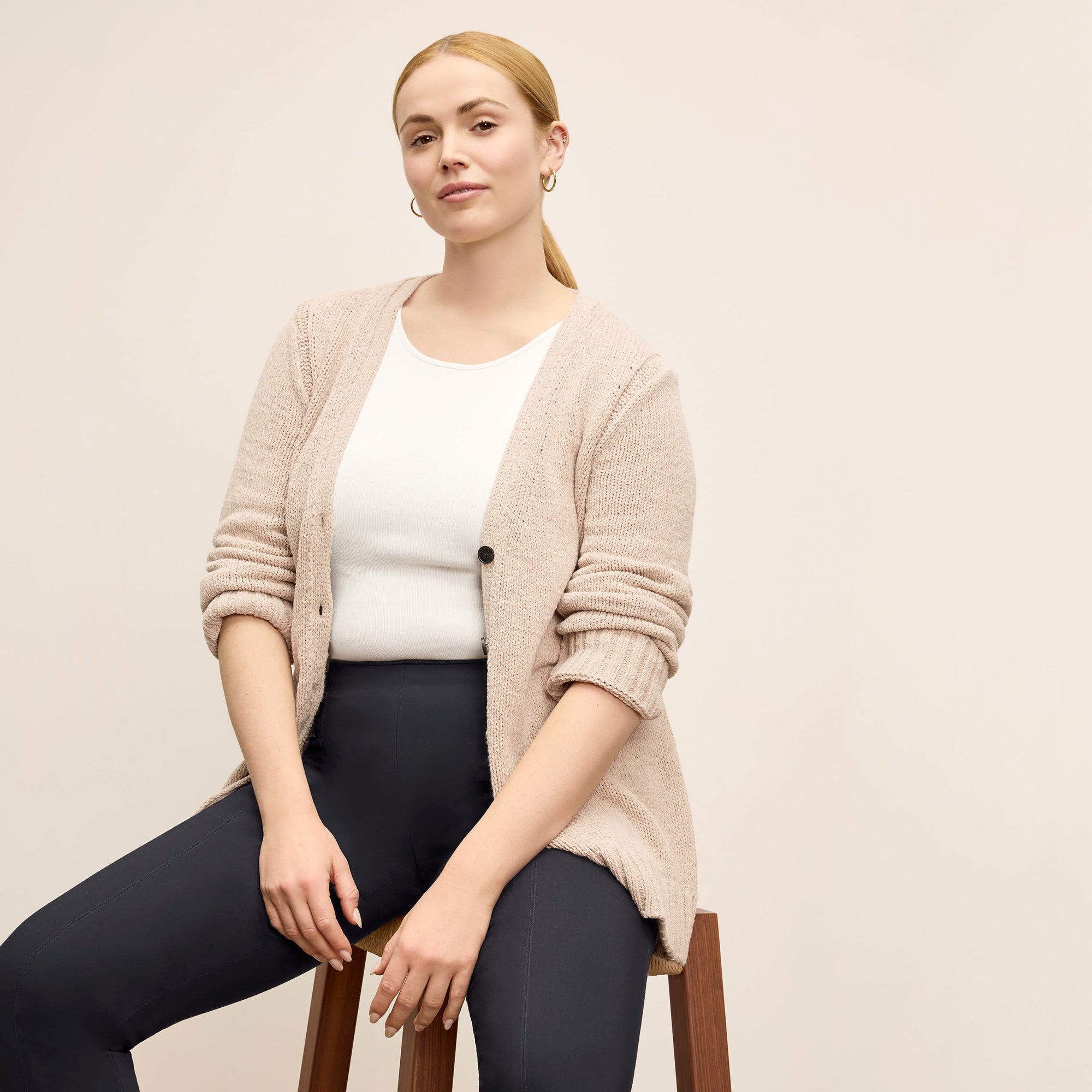 front image of a woman wearing the Foster Pant—Everstretch in Black | Exclude