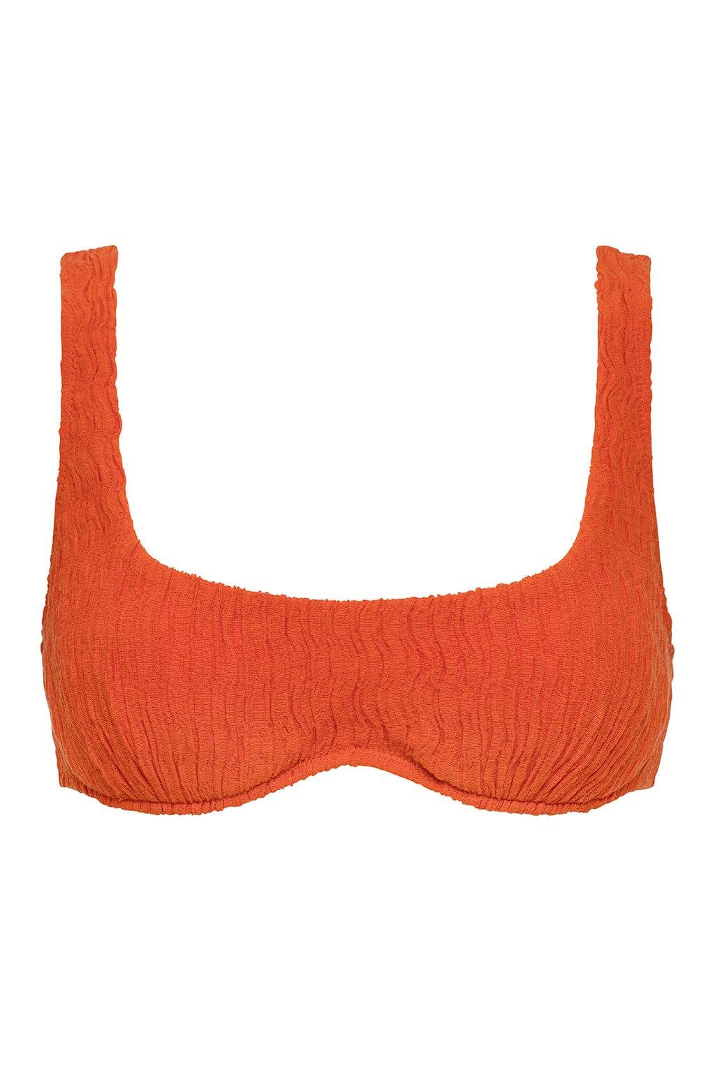 Tangerine bikini top with textured fabric and wide shoulder straps in a scoop neckline style.