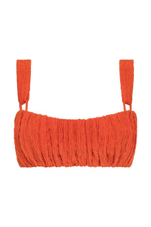 Tangerine bikini top with textured fabric and adjustable shoulder straps.