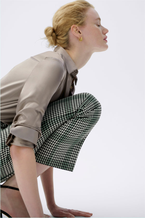 front image of a woman wearing the smith pant in check plaid | Exclude