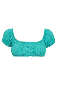 Teal bikini top with puffed short sleeves, scoop neckline, and button-front closure.