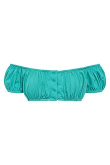 Teal bikini top with off-shoulder design, puffed sleeves, and button front closure.