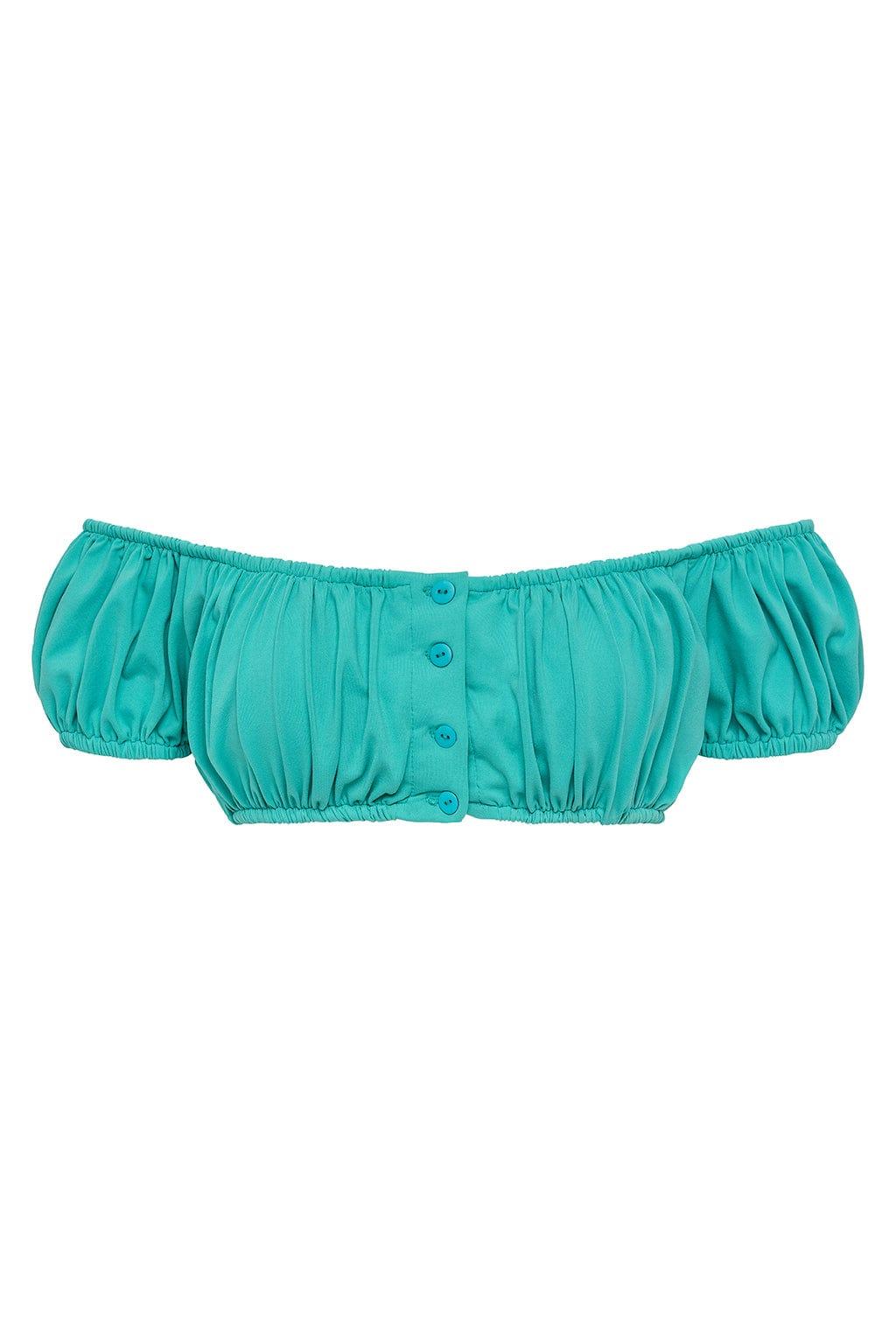 Teal bikini top with off-shoulder design, puffed sleeves, and button front closure.