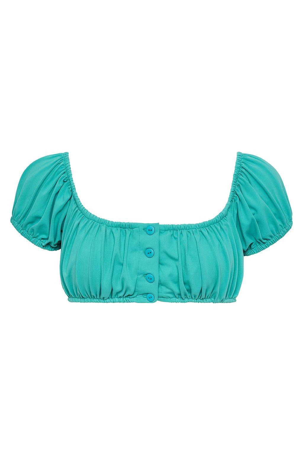 Teal bikini top with puffed short sleeves, scoop neckline, and button-front closure.