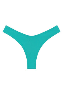Teal bikini bottom with zig-zag stitching along edges and high-cut leg openings.