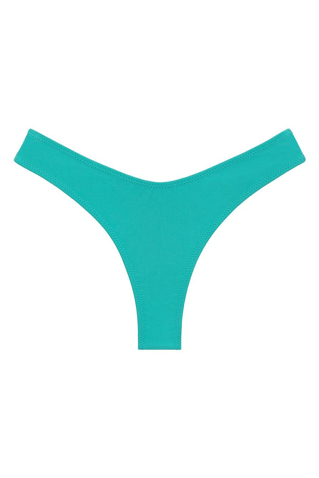 Teal bikini bottom with zig-zag stitching along edges and high-cut leg openings.