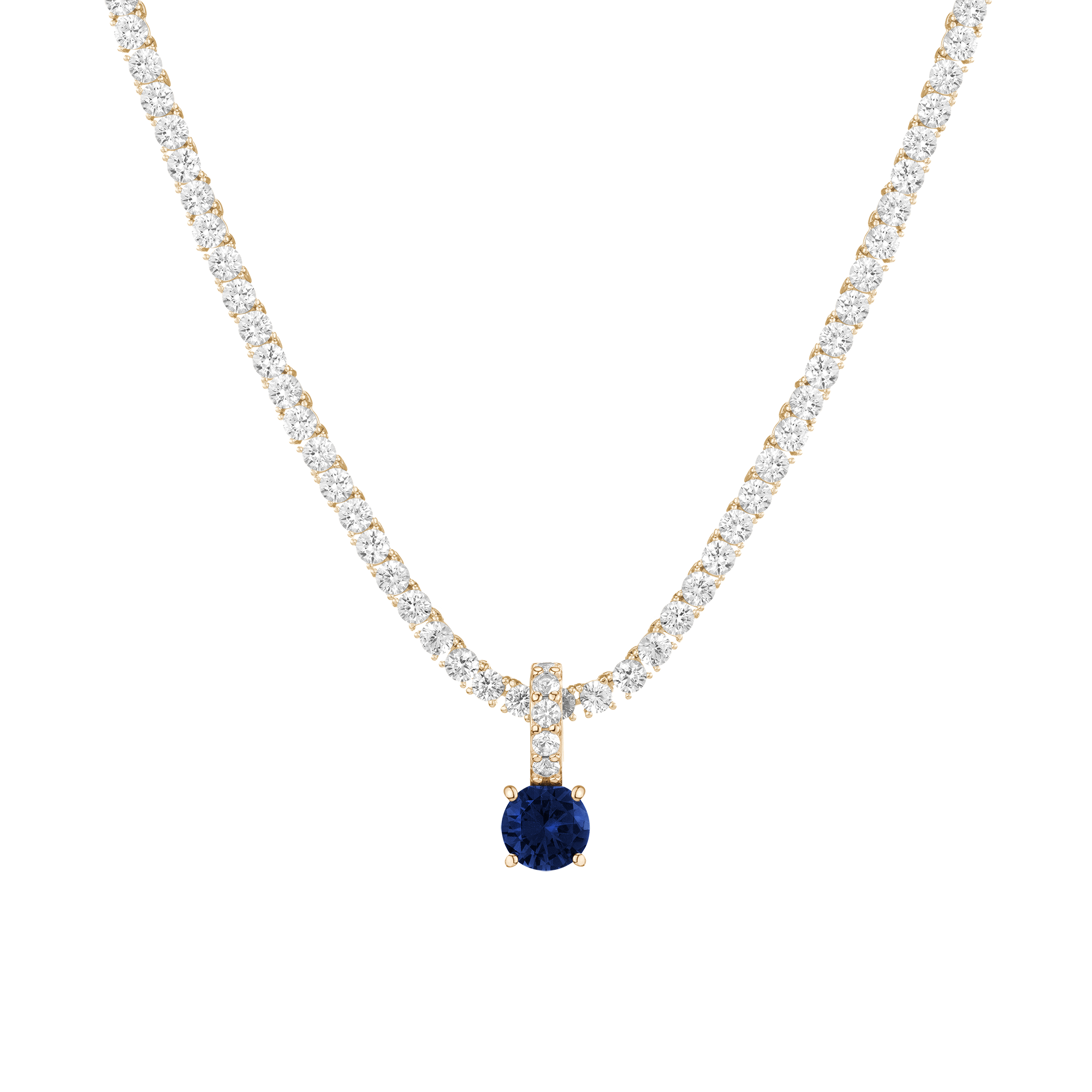Round Cut Tennis Charm Pendant Vermeil Yellow Gold Lab Grown Blue Sapphire