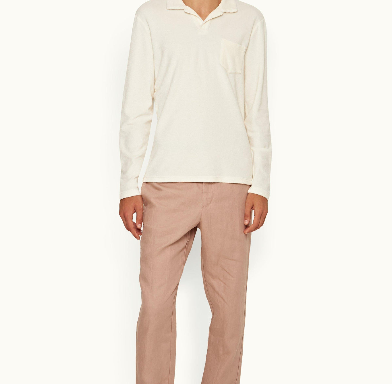 Terry Towelling Tailored Fit Long-Sleeve Cotton Towelling Resort Polo Shirt | Cashew