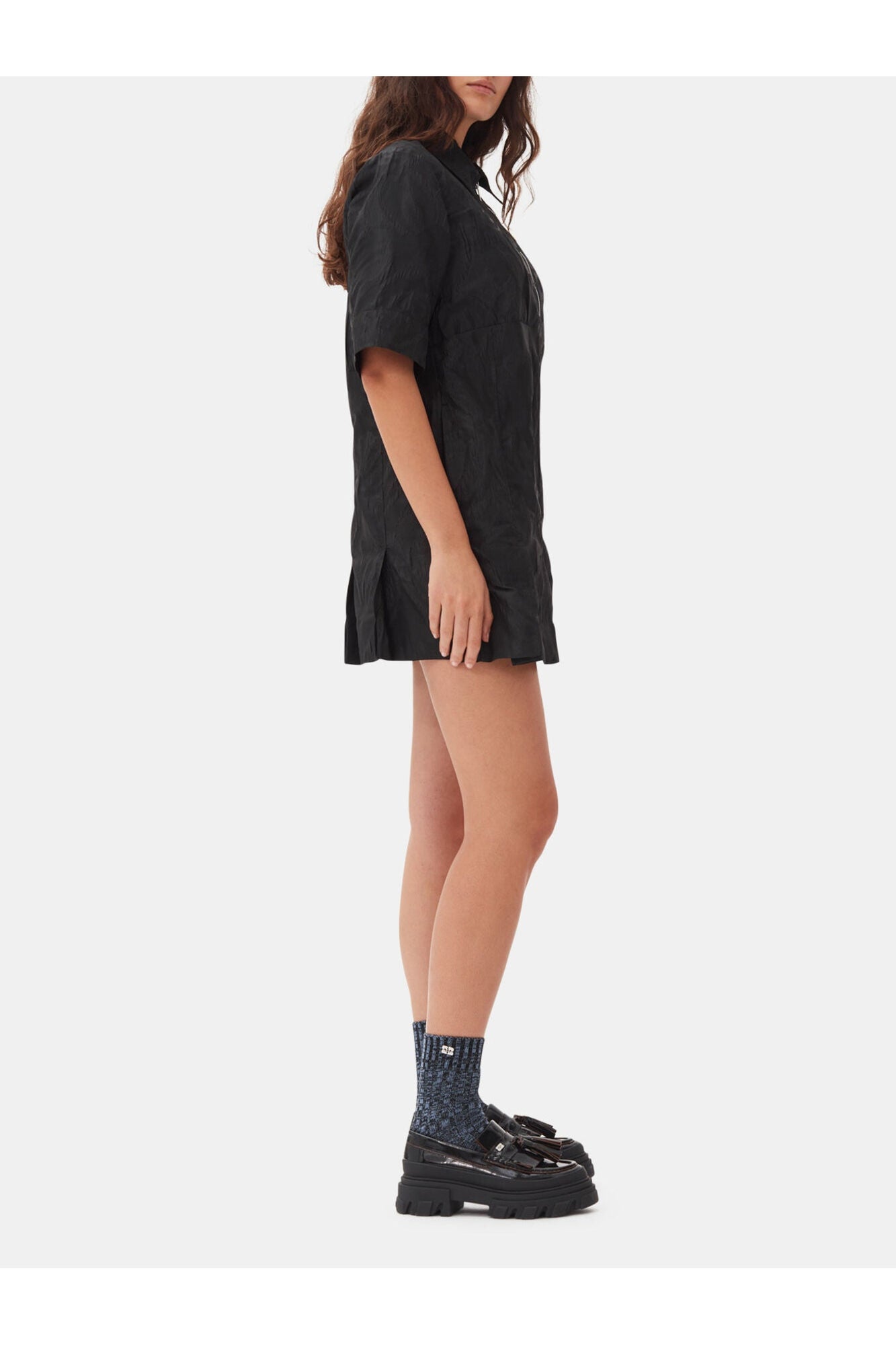 Textured Cloque Pleated Mini Dress | Black
