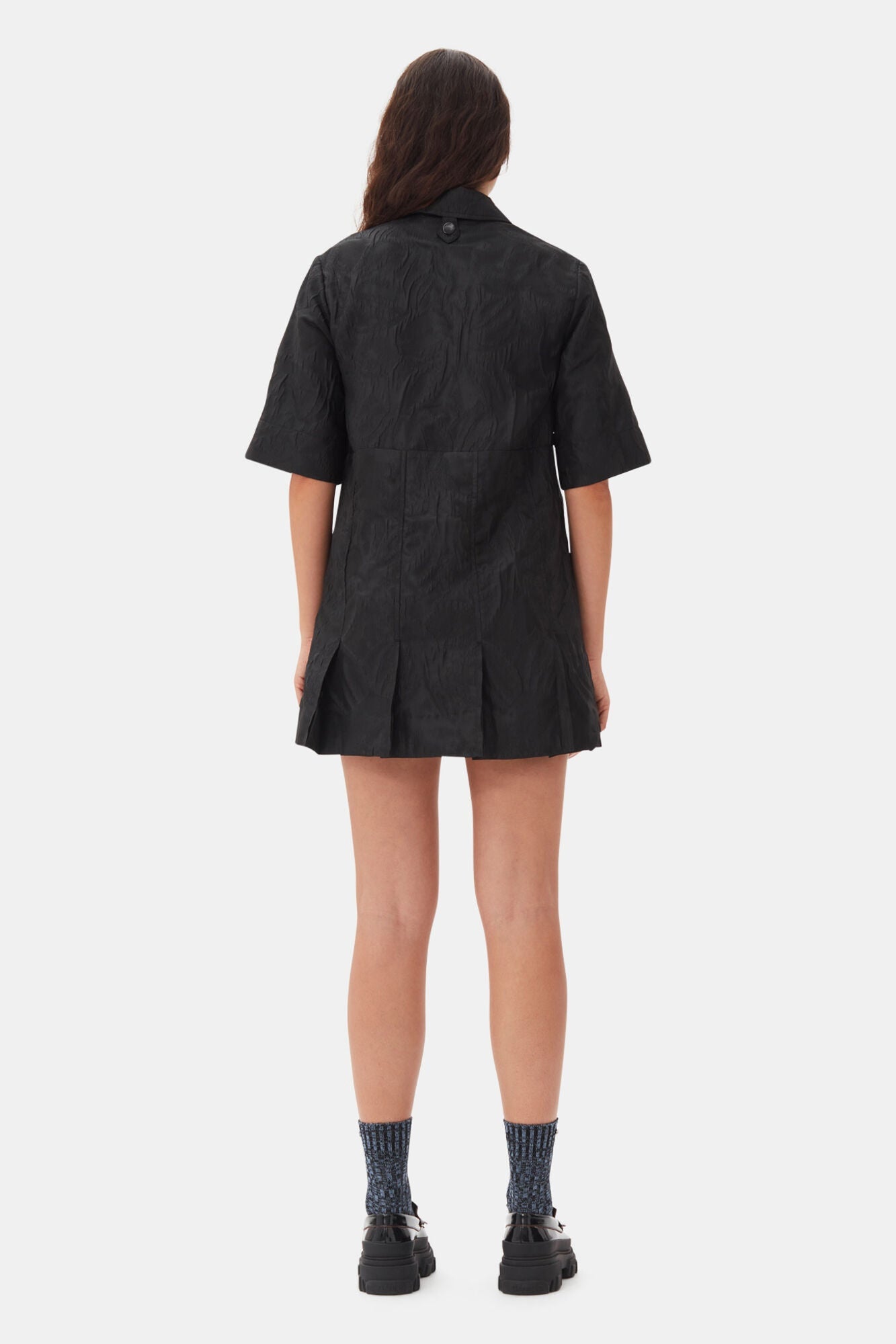 Textured Cloque Pleated Mini Dress | Black