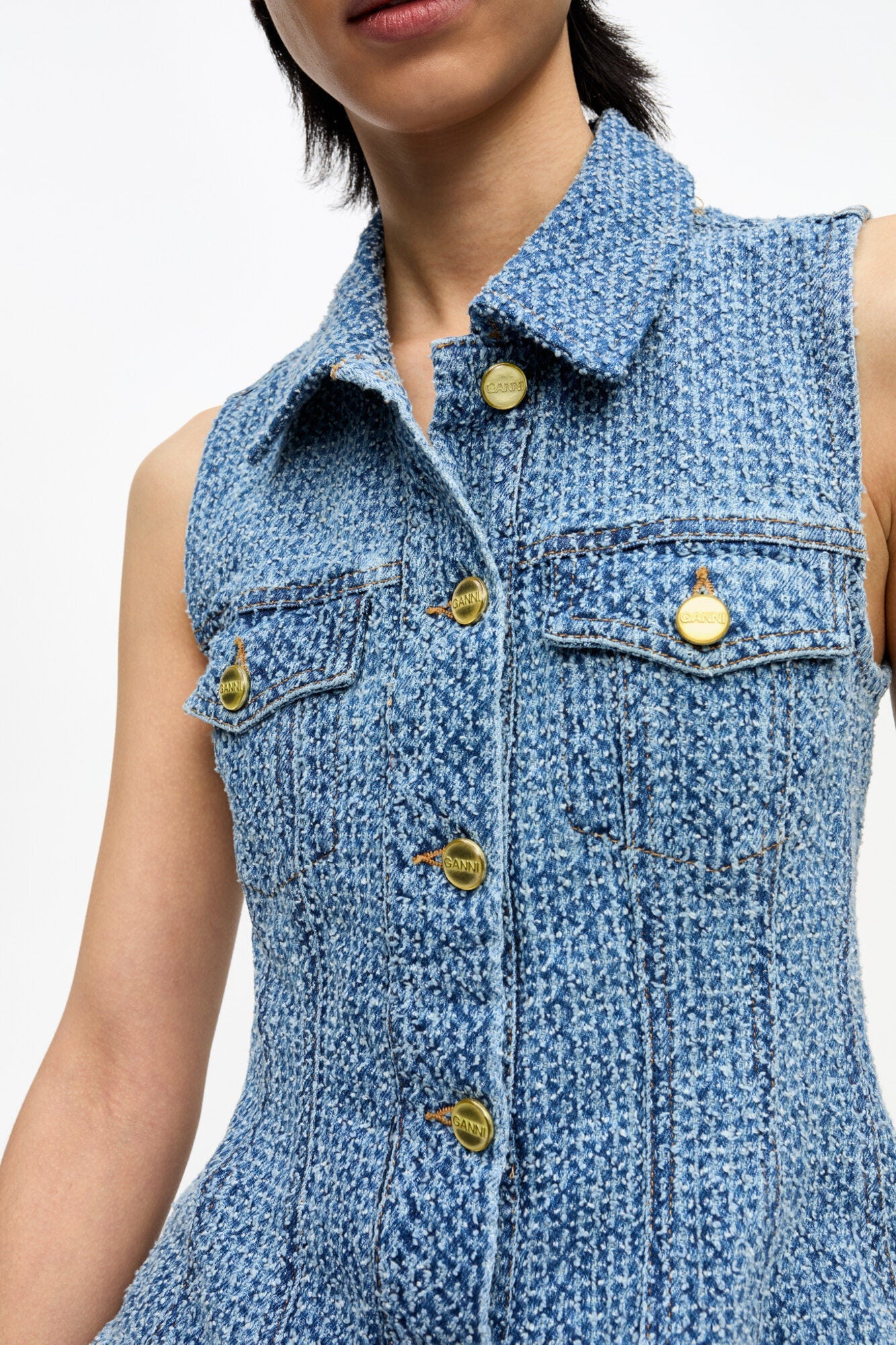 Textured Denim Vest | Mid Blue Stone