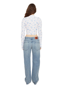Womens | Floral Print Thermal Knit Tie Top | Blue Rose