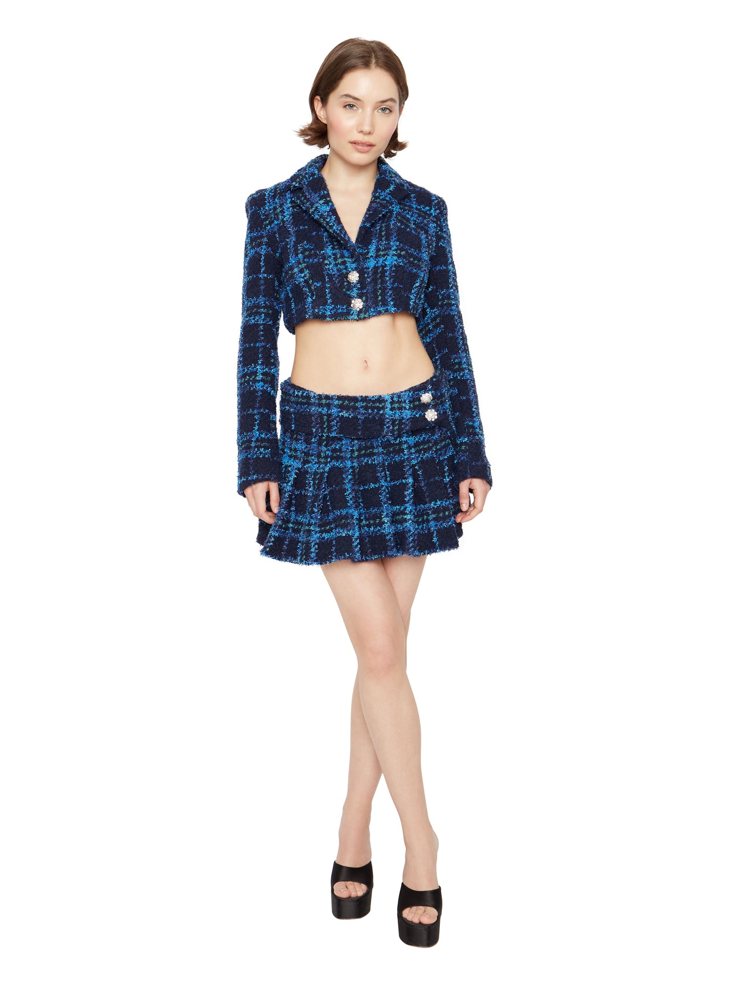 Womens | Tweed Cropped Blazer | Blue Plaid
