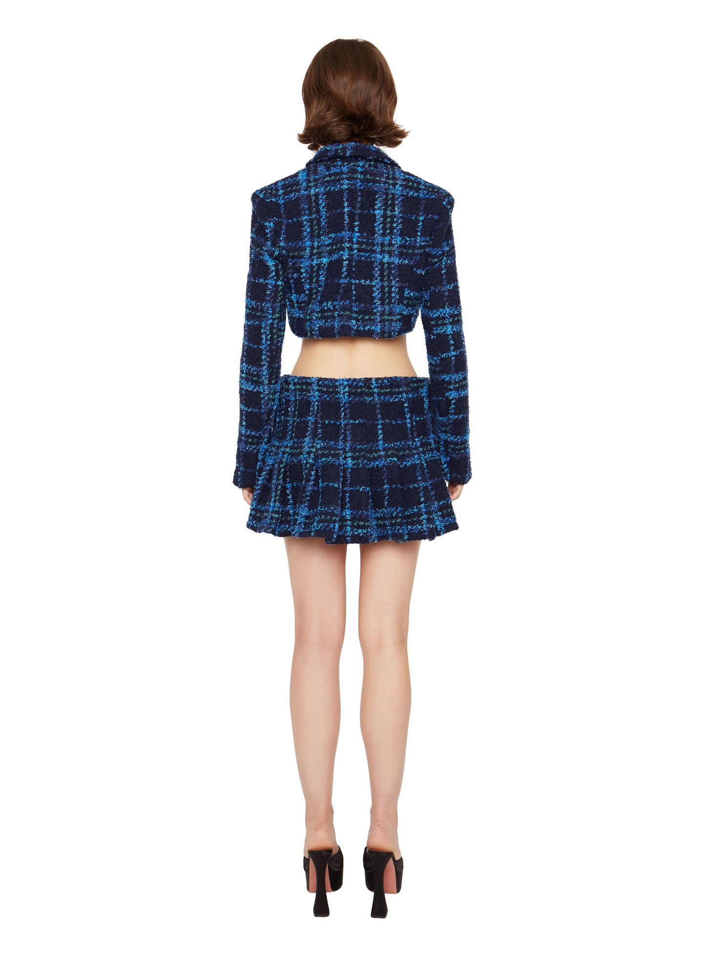 Womens | Tweed Cropped Blazer | Blue Plaid