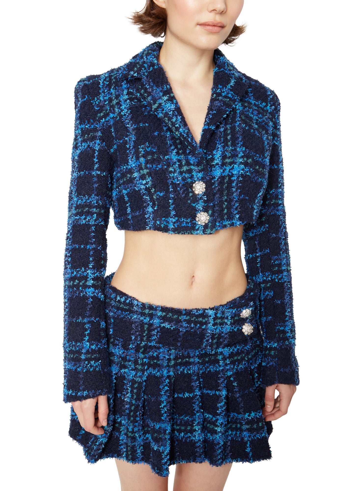 Womens | Tweed Cropped Blazer | Blue Plaid
