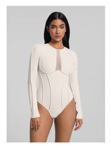 V-Panel Mesh Bodysuit | Ivory