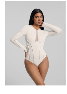 V-Panel Mesh Bodysuit | Ivory