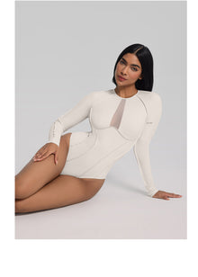 V-Panel Mesh Bodysuit | Ivory