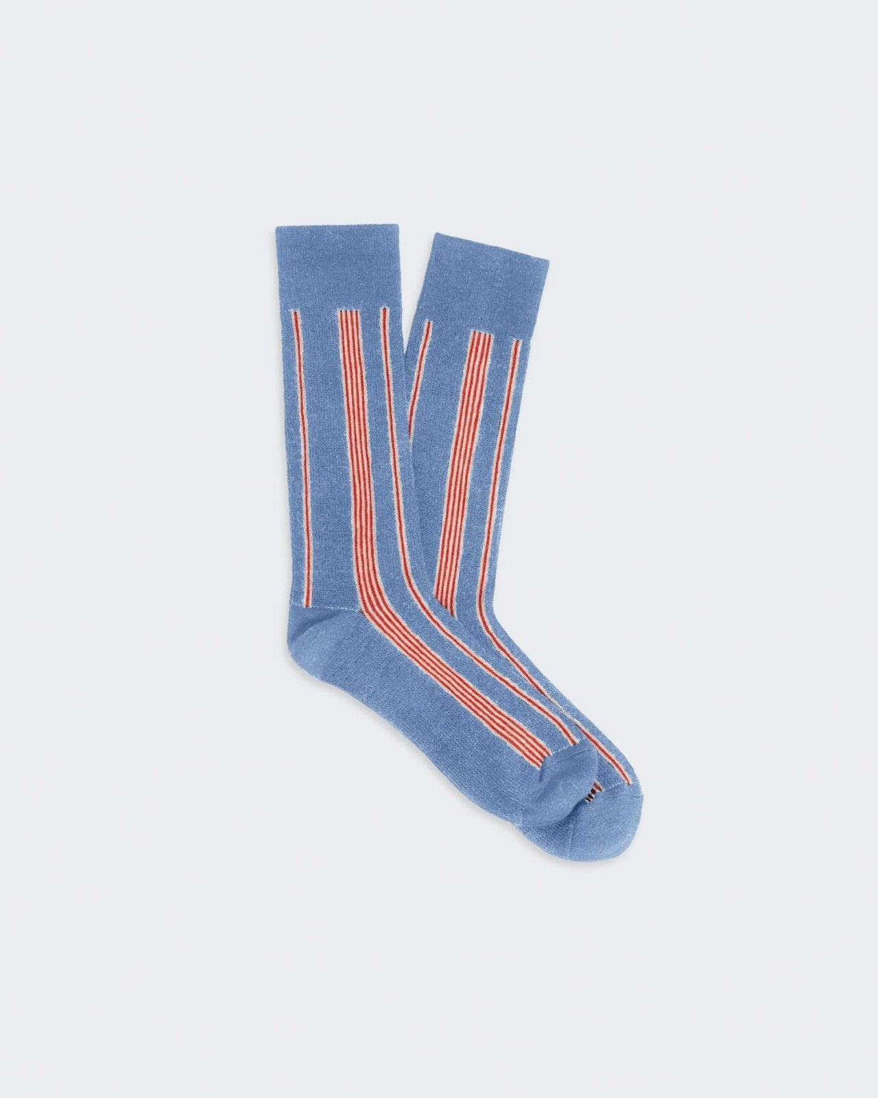 Vertical Stripe Socks - French Blue/Cream/Cherry with tri-color vertical stripes made of silk and linen blend.