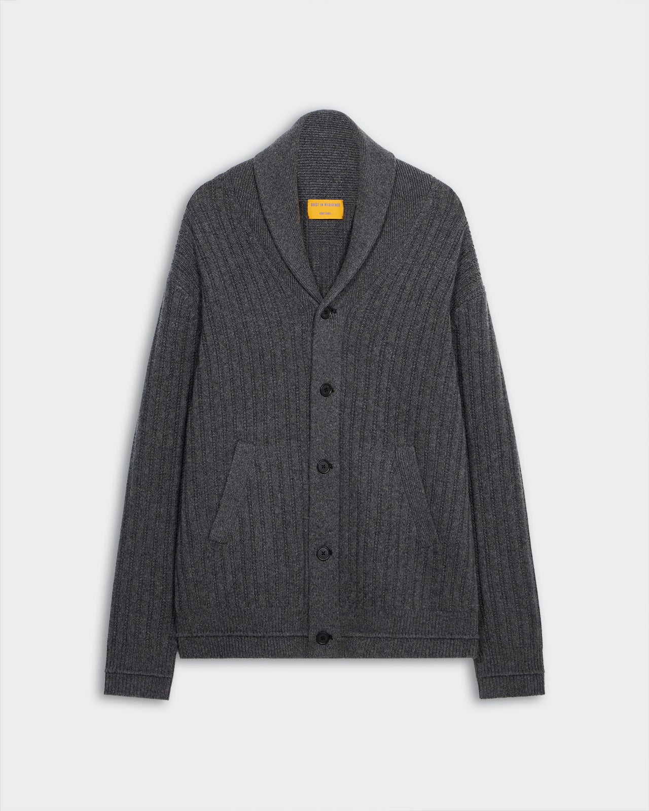Varsity Cardigan - Charcoal textured rib knit with shawl collar, button front, side pockets, and cashmere blend fabric.