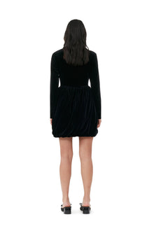 Velvet Jersey Balloon Mini Dress | Black