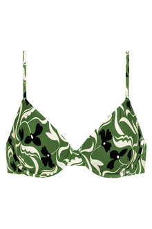 Green and black floral bikini top with white leaf accents and thin shoulder straps.
