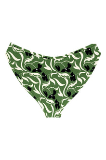 Green and cream floral bikini bottom with black flower accents and ruffled edges at the sides.
