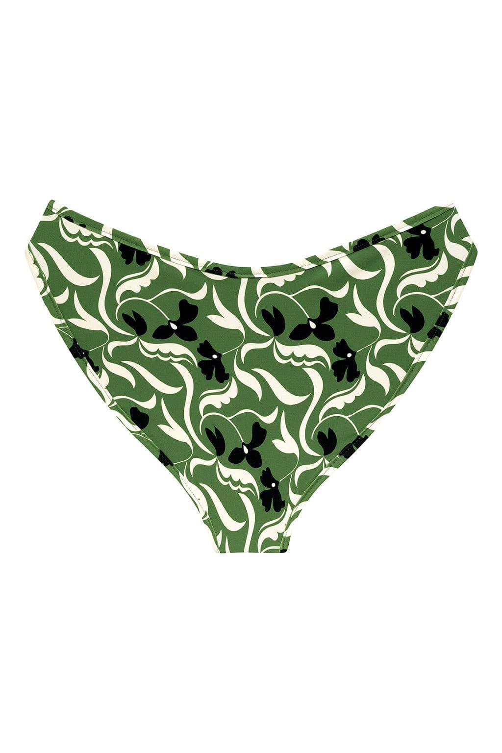 Green and cream floral bikini bottom with black flower accents and ruffled edges at the sides.