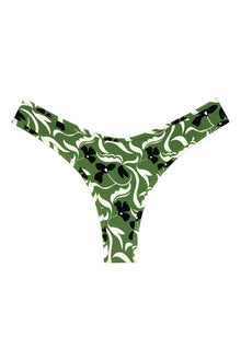 Green and white floral bikini bottom with black flowers and curved leaf pattern throughout.