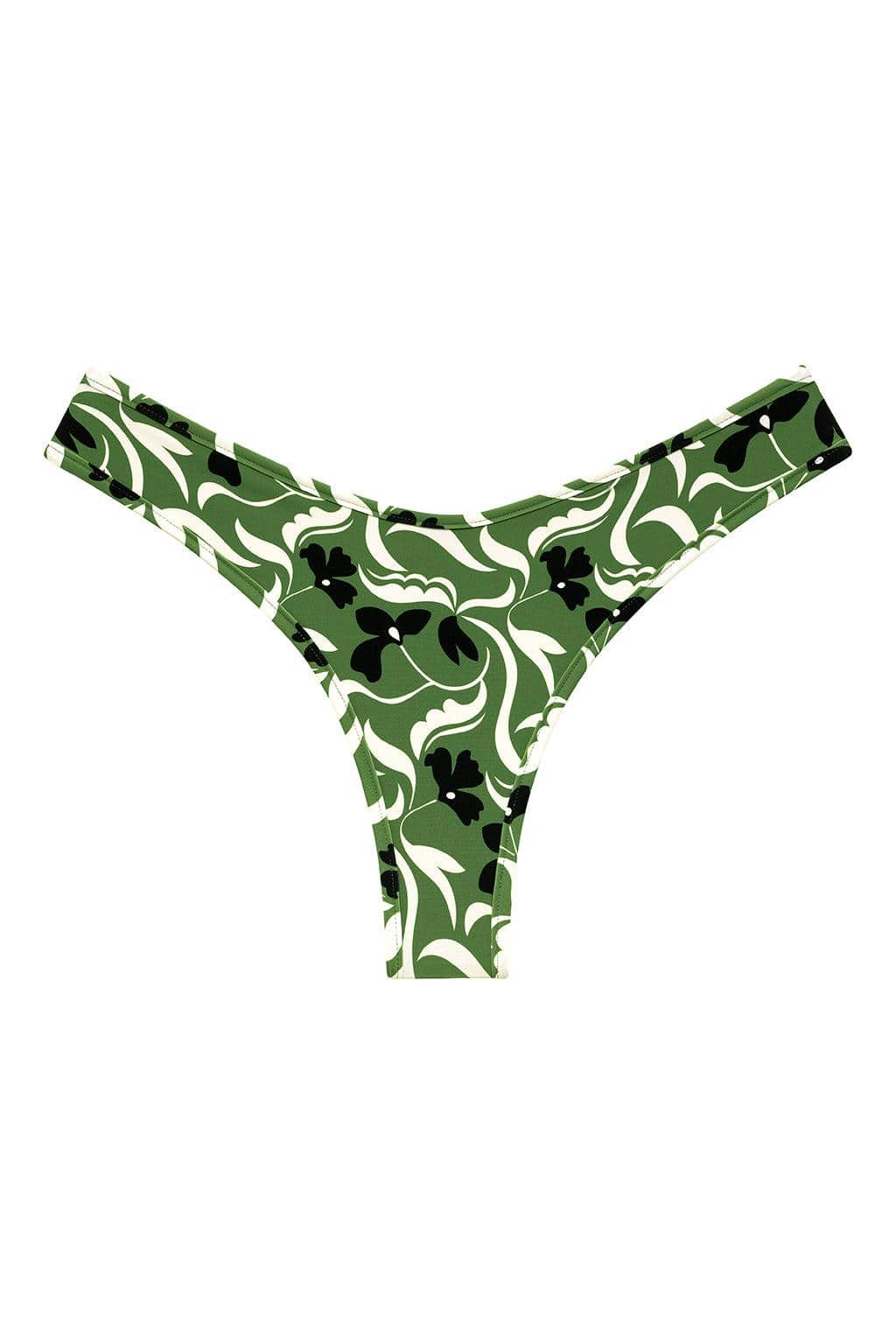 Green and white floral bikini bottom with black flowers and curved leaf pattern throughout.