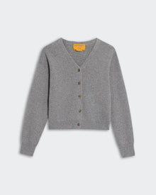 Collegiate Cardigan - Heather Grey women's V-neck cashmere cardigan with buttons and ribbed trim, true to size.