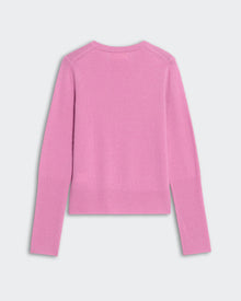 Back view of lightweight rose pink cashmere Jane Cardigan with ribbed hem and cuffs on grey background