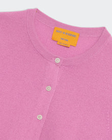 Close-up of rose pink lightweight cashmere Jane cardigan with rib hem, button front, and round neck trim