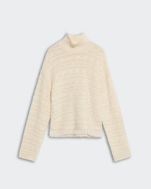 Cropped Cable Turtleneck Cream sweater with heavy-weight wool cashmere blend and rib collar on soft background