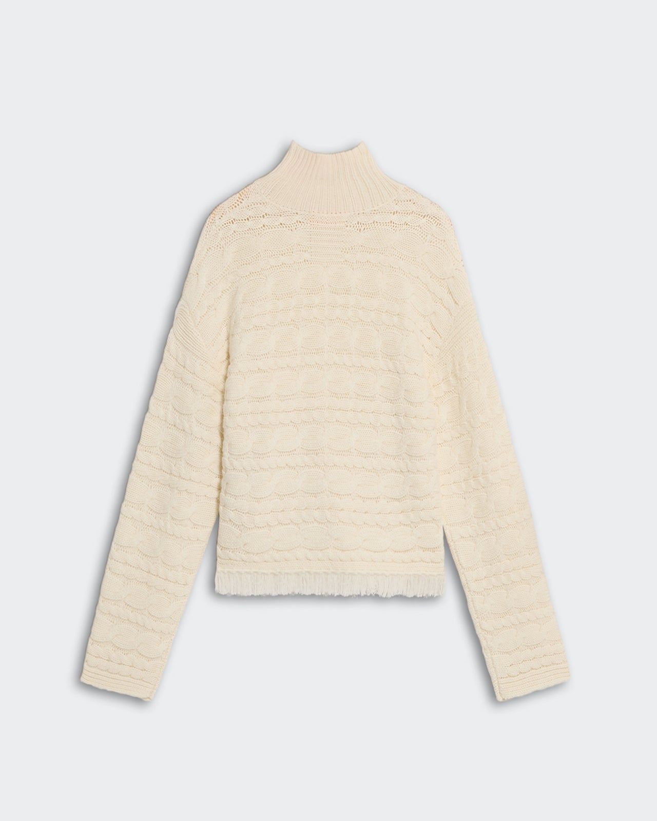 Cropped Cable Turtleneck Cream women’s heavy-weight cashmere sweater with rib collar and fringe hem detail.