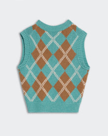 Argyle Vest - Glacier Combo sleeveless knit with turquoise and brown diamond pattern and ribbed edges