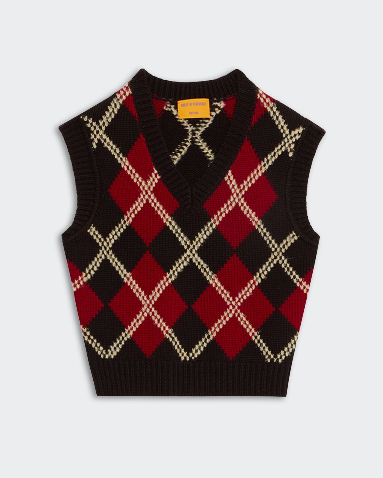 Argyle Vest - Burnt Cocoa Combo with red, cream, and brown diamond pattern, sleeveless knitwear for layering and style.