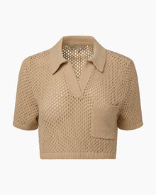 Womens | Crochet Knit Cropped Polo | Sandshell