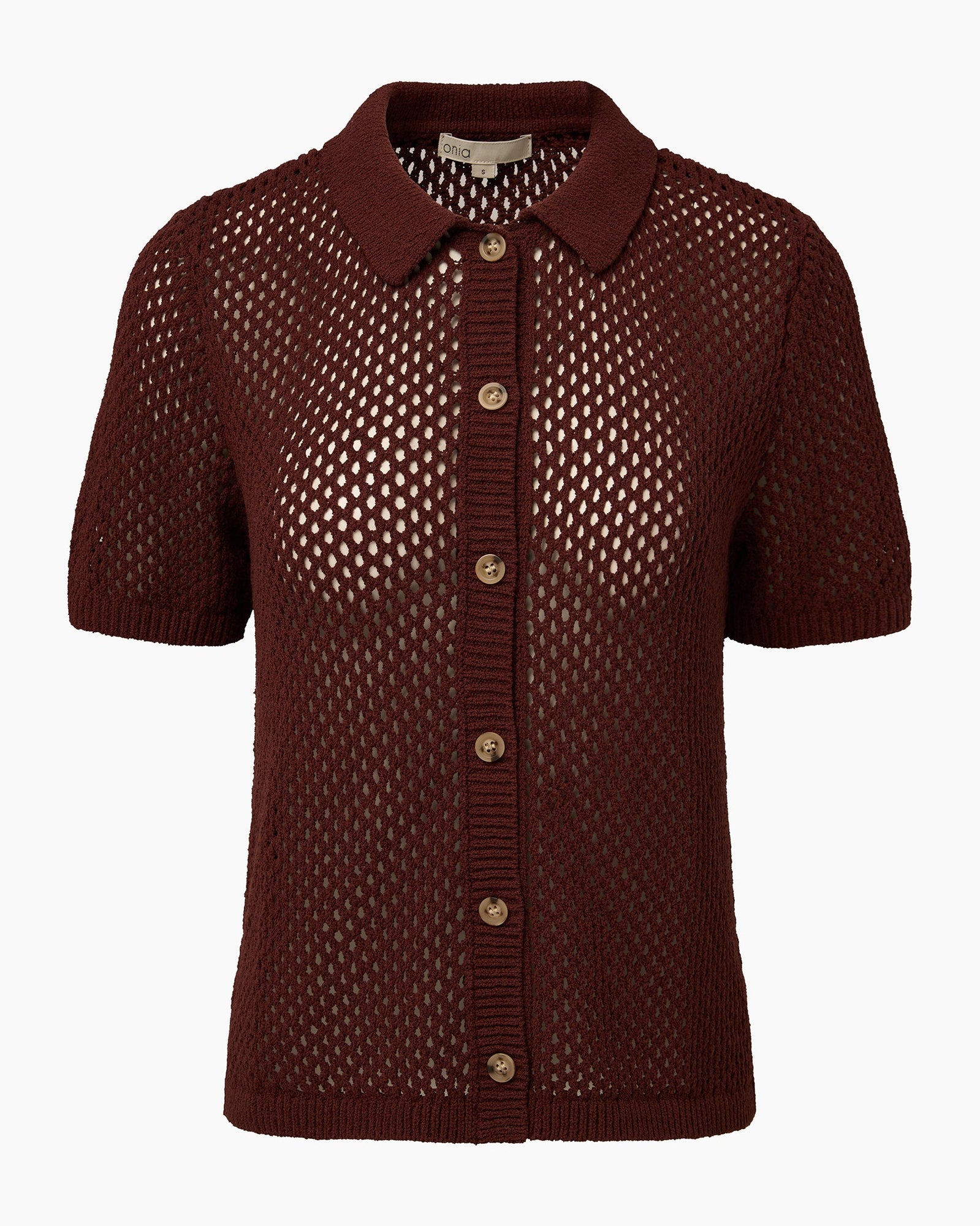 Womens | Crochet Knit Button Up Shirt | Rum