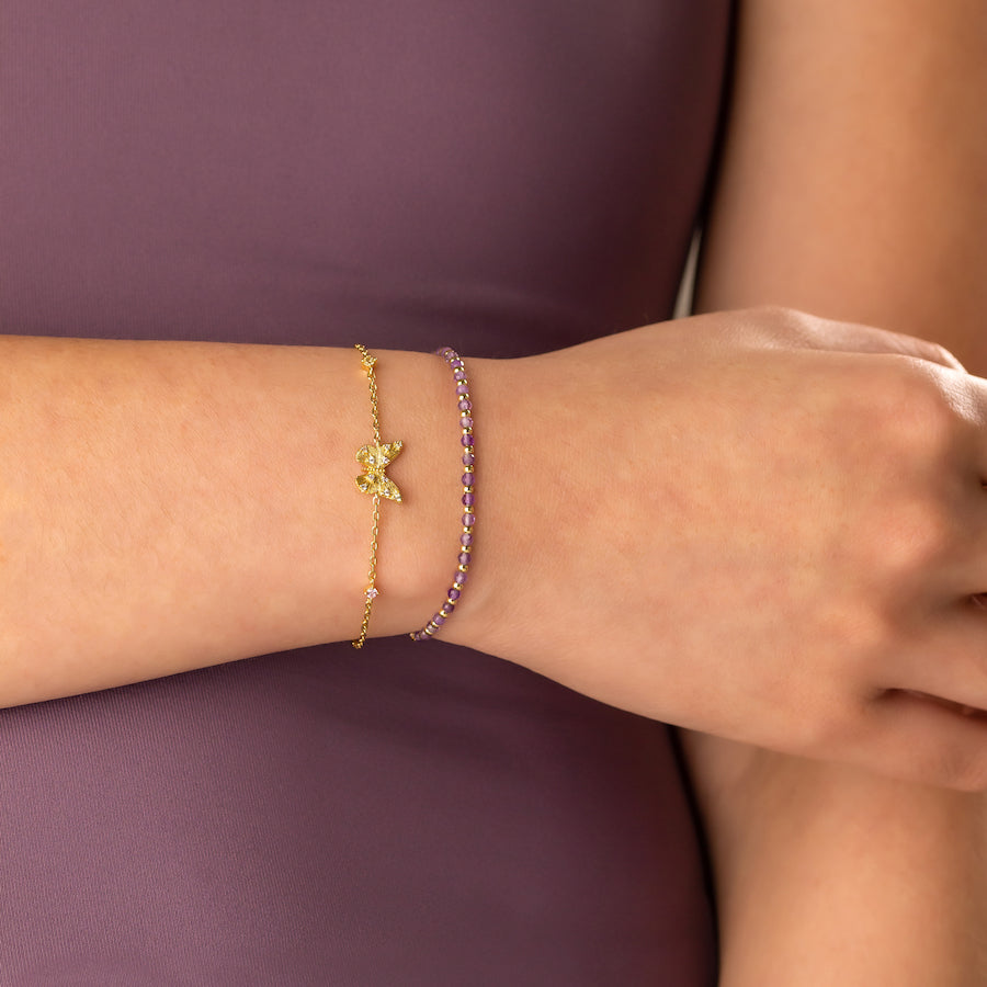 Amethyst Gemstone Beaded Sliding Bracelet | Amethyst | 14K Gold Plated Brass