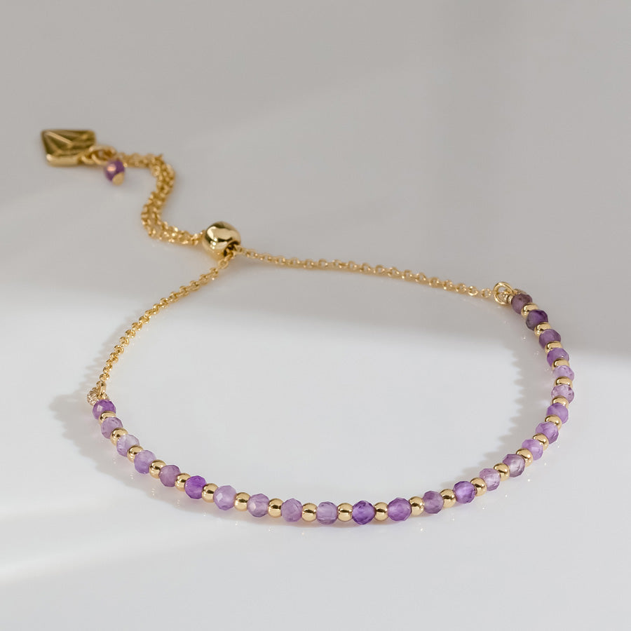 Amethyst Gemstone Beaded Sliding Bracelet | Amethyst | 14K Gold Plated Brass