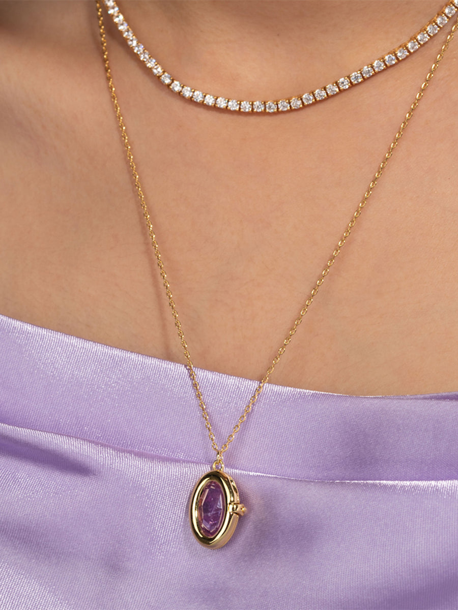 Aura Amethyst Locket Necklace | Amethyst | 14K Gold Plated Brass