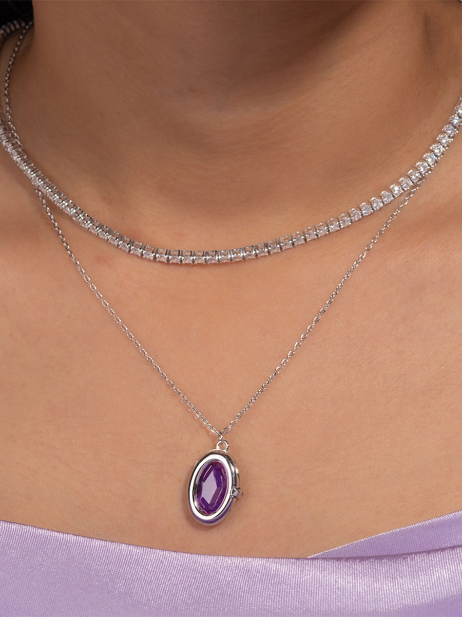 Aura Amethyst Locket Necklace | Amethyst | Silver Rhodium Plated Brass