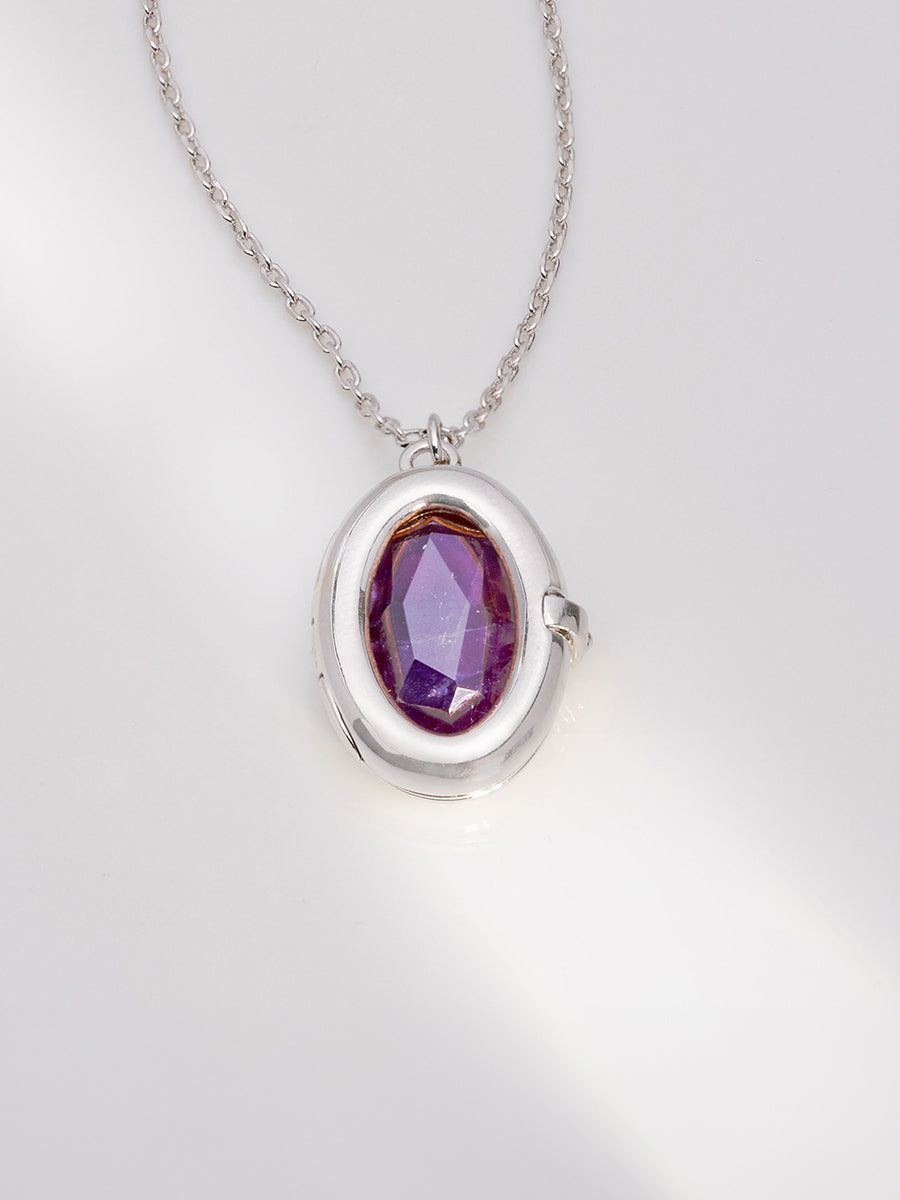 Aura Amethyst Locket Necklace | Amethyst | Silver Rhodium Plated Brass
