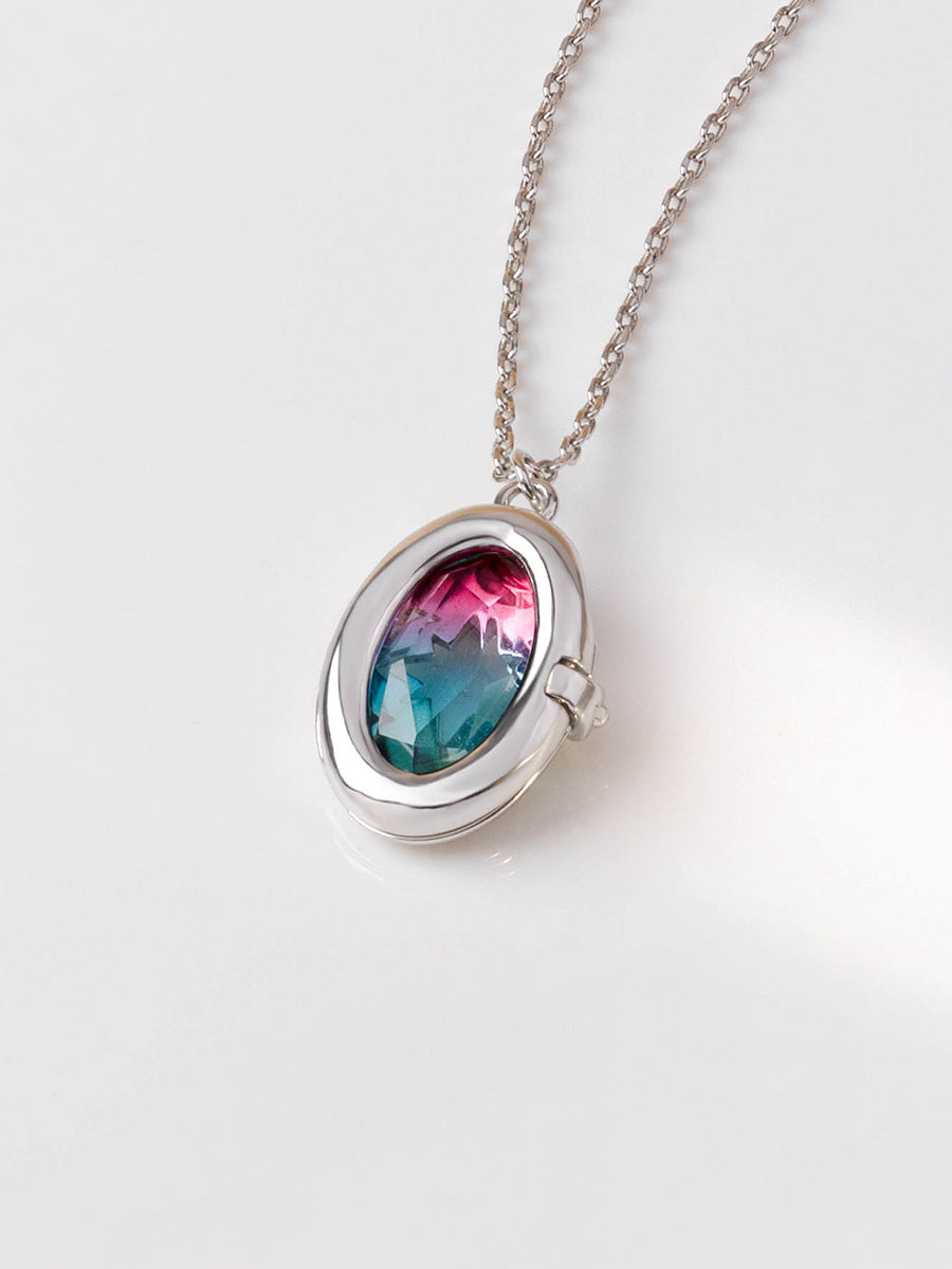 Aura Ombre Locket Necklace | Fuchsia/Turquoise Glass | Silver Rhodium Plated Brass