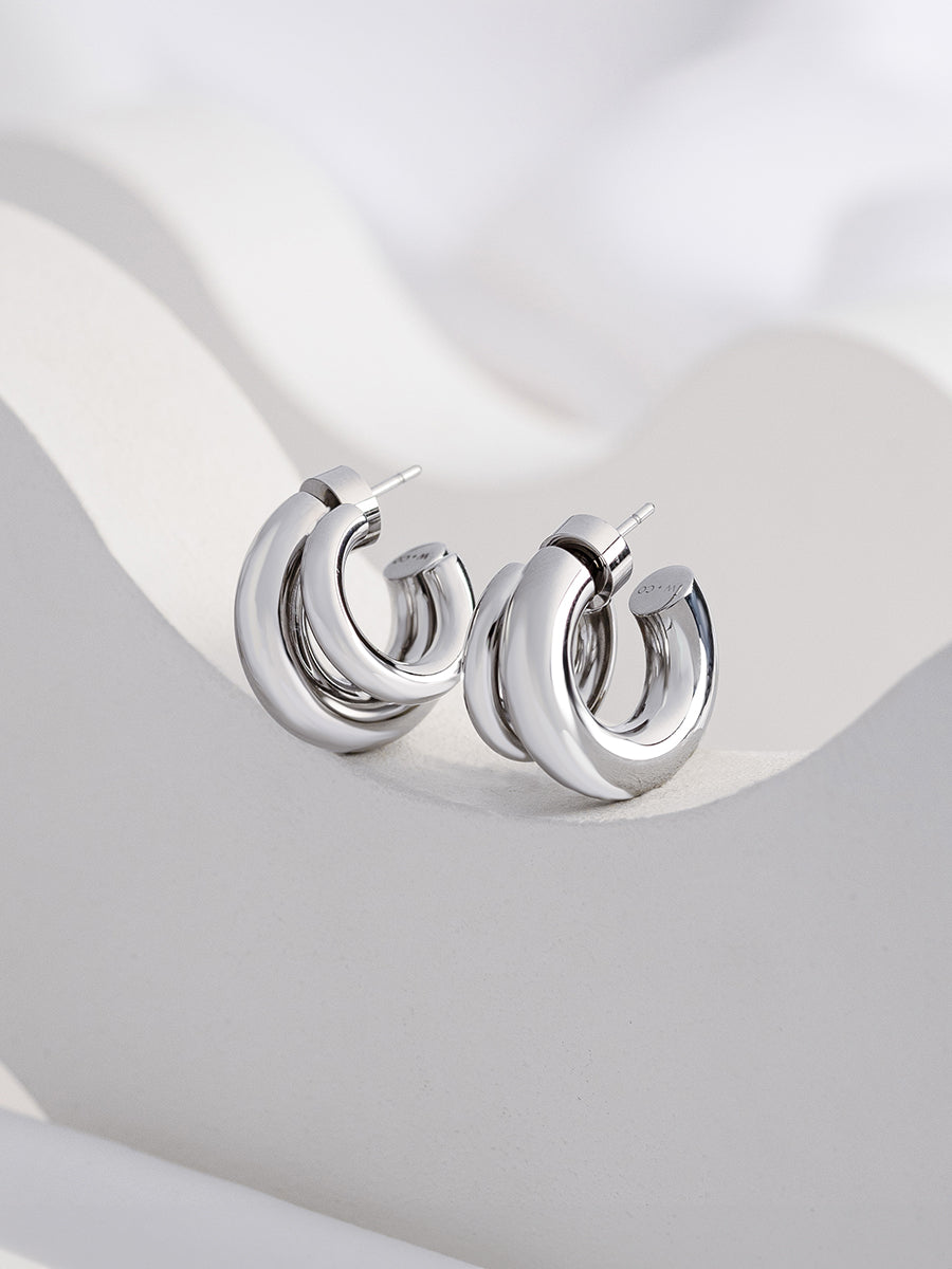 Hailey Double Nano Hoop 9mm Earrings  | Silver Rhodium Plated Brass