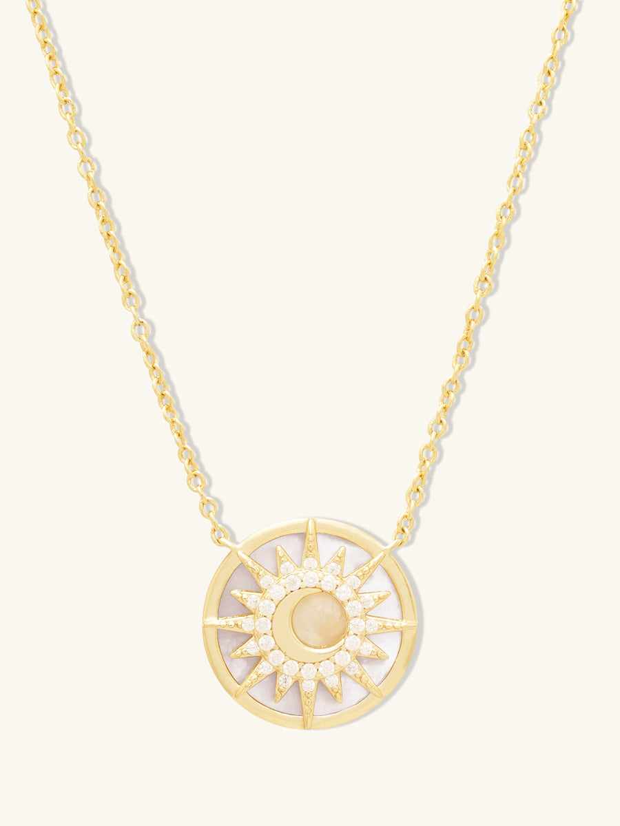 Sunlit Crescent Necklace | Mother of Pearl/5A Grade Cubic Zirconia | 14K Gold Plated Brass