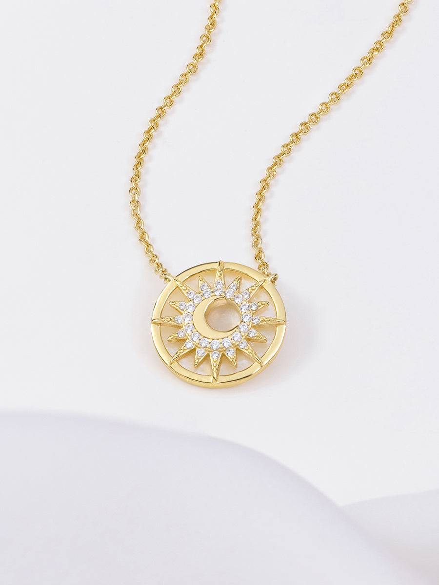 Sunlit Crescent Necklace | Mother of Pearl/5A Grade Cubic Zirconia | 14K Gold Plated Brass