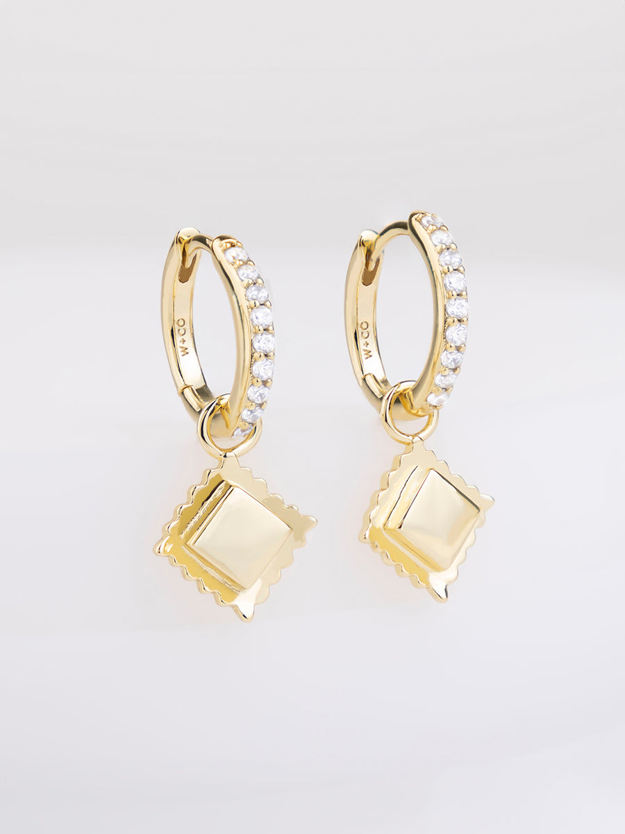 Ravioli Charm Huggie Earrings | 5A Grade Cubic Zirconia | 14K Gold Plated Brass