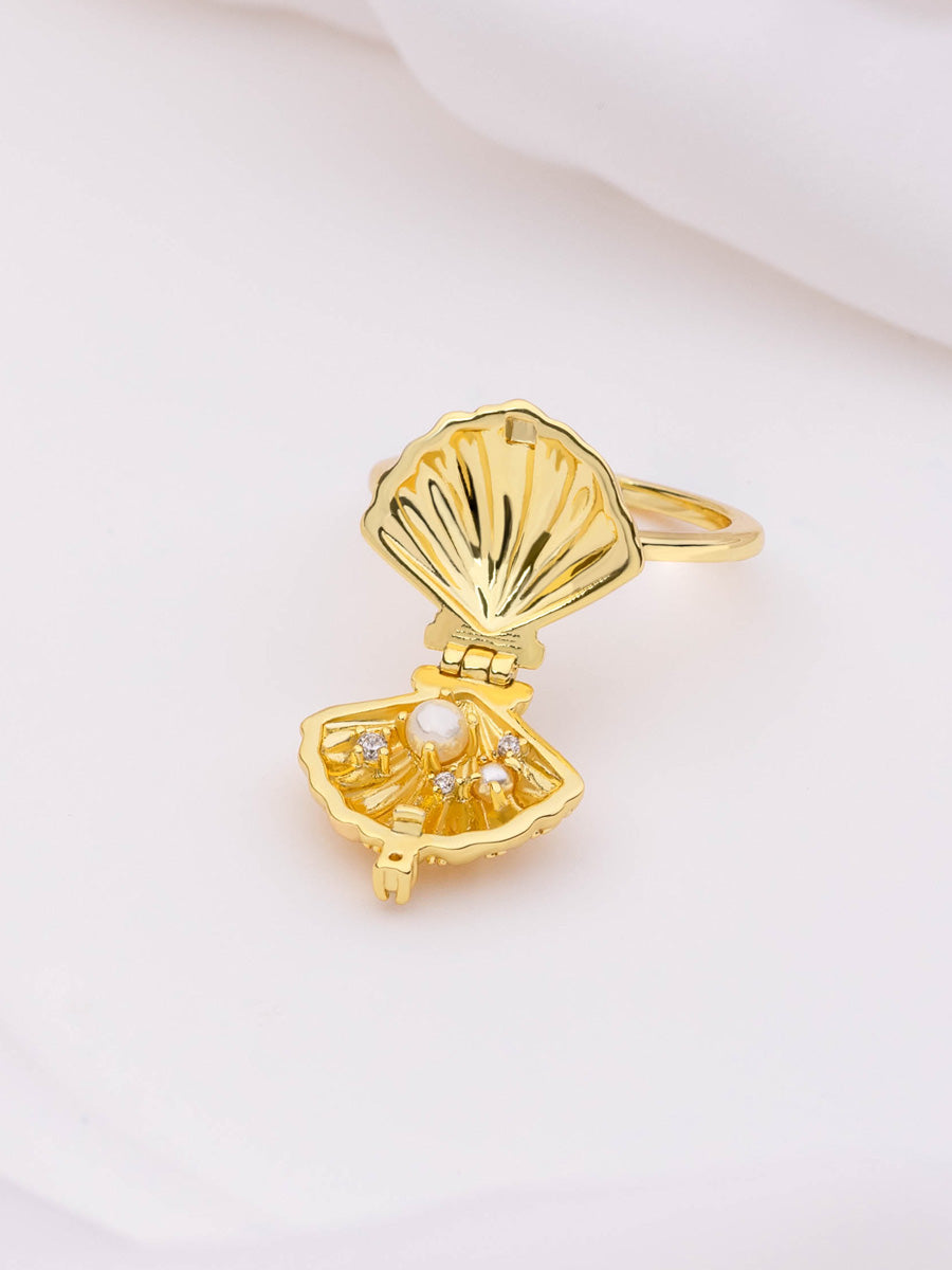Sundaze Shell Locket Ring | Freshwater Pearls/5A Grade Cubic Zirconia | 14K Gold Plated Brass